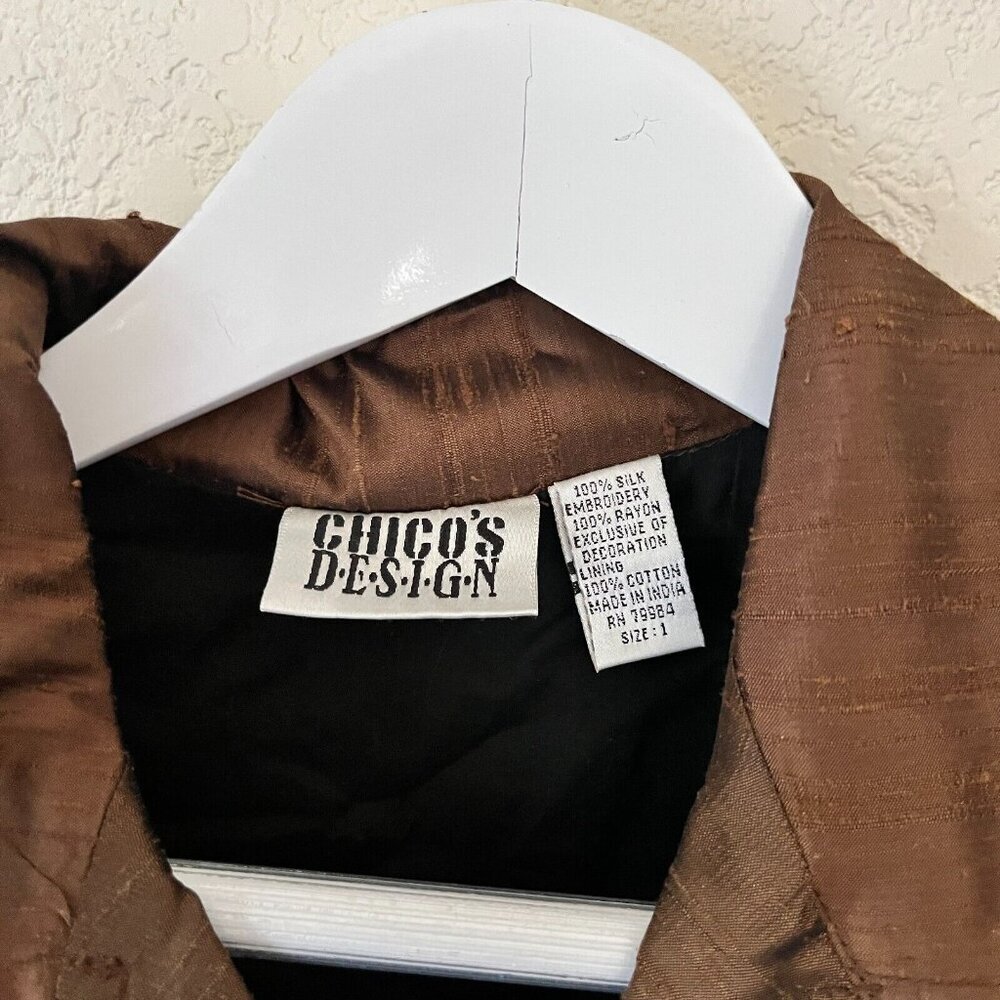 Chico's Design Womens Size 1 Silk Jacket Beaded Embroidered Bronze Shimmer Brown - Picture 4 of 8